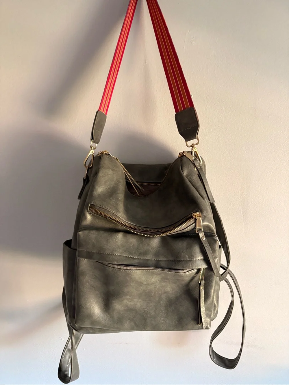 Gray Faux Leather Convertible Backpack/Crossbody with Boho Strap